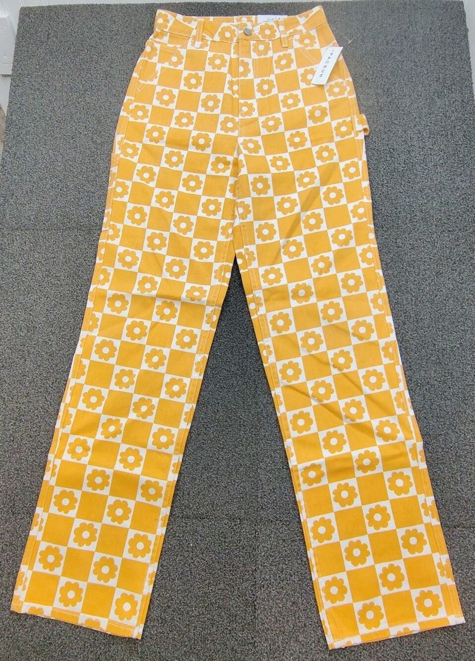 New PacSun Orange & White Daisy High Waisted BF Carpenter Size 26 Retro Floral